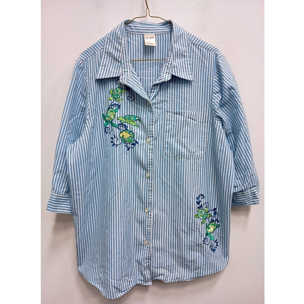 Blair Button Up Shirt Womens Large Blue‎ Striped Sea Turtle Fish Embroidered Top